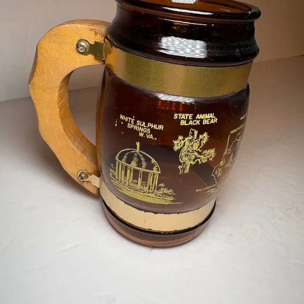 Vintage West Virginia Souvenir Brown Glass Barrel Mug Wood Handle Greenbrier